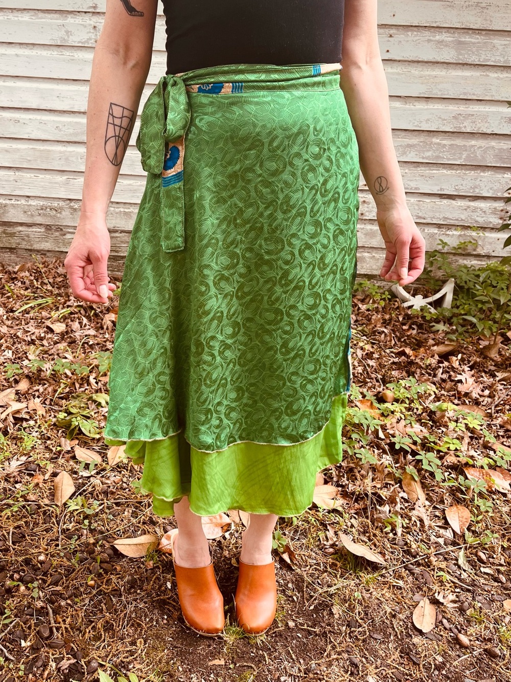 Green Tiered Wrap Skirt - silk